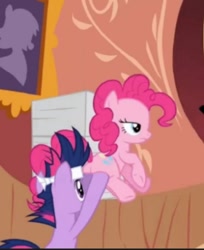 Size: 497x608 | Tagged: safe, screencap, pinkie pie, twilight sparkle, earth pony, pony, unicorn, g4, it's about time, balloonbutt, butt, butt touch, cropped, female, future twilight, golden oaks library, hoof on butt, mare, out of context, plot