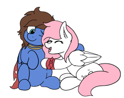 Size: 2655x2118 | Tagged: safe, artist:aaathebap, oc, oc only, oc:bizarre song, oc:sugar morning, pegasus, pony, cape, clothes, colored, couple, cute, eyes closed, female, happy, high res, hug, male, mare, not fluttershy, oc x oc, shipping, simple background, sitting, smiling, stallion, straight, sugarre, transparent background
