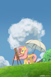 Size: 2560x3840 | Tagged: safe, artist:symbianl, edit, fluttershy, pegasus, pony, g4, cloud, cottagecore, crossover, easel, female, folded wings, high res, looking at something, mare, mouth hold, movie poster, outdoors, paintbrush, parody, phone wallpaper, poster parody, profile, solo, standing, studio ghibli, the wind rises, umbrella, upscaled, wallpaper, wallpaper edit, windswept mane, wings