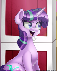 Size: 882x1100 | Tagged: safe, artist:pyropk, starlight glimmer, pony, unicorn, g4, harvesting memories, my little pony: friendship is forever, alternate hairstyle, barn, farm, female, mare, not twilight sparkle, open mouth, solo, starlight sparkle