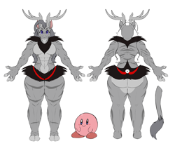 Size: 3000x2500 | Tagged: safe, artist:bri black, derpibooru exclusive, oc, oc:rubecca lily, hybrid, puffball, wendigo, wendingo pony, anthro, freckles, height difference, high res, kirby, kirby (series), muscles, reference sheet