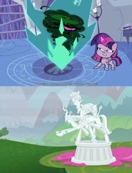 Size: 2289x2989 | Tagged: safe, edit, screencap, cozy glow, lord tirek, queen chrysalis, twilight sparkle, alicorn, centaur, changeling, changeling queen, pegasus, pony, g4, g4.5, my little pony: pony life, the ending of the end, the trail less trotten, angry, confident, duckery in the comments, female, filly, high res, hypocrisy, legion of doom, legion of doom statue, magic, male, mare, petrification, statue, twilight sparkle (alicorn)