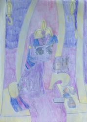 Size: 1204x1692 | Tagged: safe, artist:mr.myoozik, derpibooru exclusive, part of a set, twilight sparkle, alicorn, pony, g4, book, candle, carpet, crown, cutie mark, female, folded wings, horn, jewelry, lamp, levitation, magic, mare, open book, photo, purple eyes, reading, regalia, sitting, sketchbook, smiling, solo, telekinesis, throne, throne room, traditional art, twilight sparkle (alicorn), wings