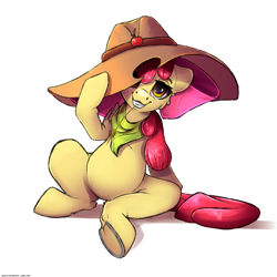 Size: 3000x3000 | Tagged: safe, artist:skitsroom, apple bloom, earth pony, pony, g4, adorabloom, applejack's hat, belly, clothes, cowboy hat, cute, female, filly, hat, high res, mouth hold, scarf, simple background, solo, straw in mouth, white background