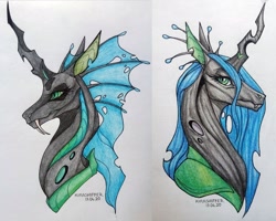 Size: 1600x1280 | Tagged: safe, artist:dementra369, queen chrysalis, changeling, changeling queen, g4, alternate design, bust, colored pencil drawing, comparison, crown, fangs, female, jewelry, portrait, regalia, solo, traditional art