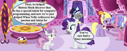 Size: 1280x512 | Tagged: safe, edit, edited screencap, editor:korora, screencap, caesar, count caesar, lyrica lilac, rarity, royal ribbon, sweetie belle, g4, the cart before the ponies, carousel boutique, clothes, cropped, dialogue, dress, hat, implied button mash, implied whoa nelly, monocle, saddle, speech bubble, tack, top hat
