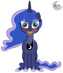 Size: 600x699 | Tagged: safe, artist:savannah-london, princess luna, alicorn, pony, g4, blushing, chocolate chip cookie, cookie, crown, cute, deviantart watermark, ethereal mane, ethereal tail, eyeshadow, female, food, hoof shoes, jewelry, logo, looking at you, lunabetes, makeup, mare, necklace, nibbling, nom, obtrusive watermark, regalia, simple background, sitting, smiling, solo, starry eyes, starry mane, watermark, white background, wingding eyes