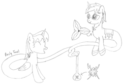 Size: 1980x1356 | Tagged: safe, artist:parclytaxel, oc, oc only, oc:nova spark, oc:parcly taxel, alicorn, genie, genie pony, pony, unicorn, ain't never had friends like us, albumin flask, series:nightliner, alicorn oc, armband, bottle, female, floating, geniefied, horn, horn ring, jewelry, lineart, mare, monochrome, monthly reward, necklace, patreon, patreon reward, pencil drawing, saddle, smiling, tack, traditional art, wings