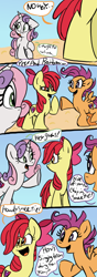 Size: 280x800 | Tagged: safe, artist:mirabuncupcakes15, apple bloom, scootaloo, sweetie belle, earth pony, pegasus, pony, unicorn, series:cmc future, g4, growing up is hard to do, the last problem, alternate hairstyle, apple bloom's bow, bow, comic, cutie mark crusaders, female, hair bow, implied rainbow dash, mare, older, older apple bloom, older cmc, older scootaloo, older sweetie belle, open mouth, raised hoof, raised leg, trio