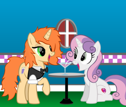 Size: 1280x1092 | Tagged: safe, artist:thunder-blur, sweetie belle, oc, oc:tipsy sip, pony, unicorn, g4, bowtie, clothes, female, interior, mare, martini glass, older, older sweetie belle, show accurate