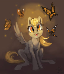 Size: 2235x2585 | Tagged: safe, artist:wildberries, derpibooru exclusive, derpy hooves, butterfly, pegasus, pony, g4, female, high res, mare, simple background, solo, tongue out, wings