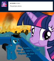 Size: 3600x4109 | Tagged: safe, artist:agkandphotomaker2000, twilight sparkle, oc, oc:pony video maker, oc:twizilla, pegasus, pony, tumblr:pony video maker's blog, g4, ask, chaos, destruction, dialogue, fire, forest, looking away, ponyville, rooftop, show accurate, sweat, tree, tumblr, twizilla