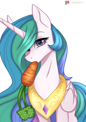 Size: 2894x4093 | Tagged: safe, artist:cottonaime, princess celestia, alicorn, pony, g4, carrot, cute, cutelestia, female, flowing mane, food, herbivore, horses doing horse things, jewelry, looking at you, mare, mouth hold, necklace, regalia, solo