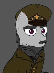 Size: 1560x2100 | Tagged: safe, artist:dayyr, oc, oc only, oc:dark winter, earth pony, pony, fallout equestria, clothes, facial hair, general, male, moustache, ncr, new canterlot republic, red typhoon, rt, scar, solo, stallion, uniform