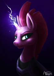 Size: 2232x3154 | Tagged: safe, artist:loukaw, tempest shadow, pony, unicorn, g4, my little pony: the movie, bust, ear fluff, electricity magic, female, glowing horn, high res, horn, magic, mare, solo