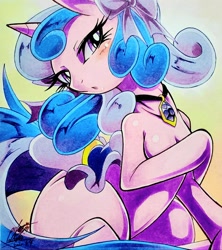 Size: 1816x2048 | Tagged: safe, artist:025aki, royal ribbon, unicorn, semi-anthro, g4, arm hooves, blushing, breasts, chestbreasts, covering, female, jewelry, looking at you, mare, necklace, solo, teasing, traditional art