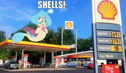 Size: 810x470 | Tagged: safe, edit, princess skystar, seapony (g4), g4, my little pony: the movie, caption, car, female, gas station, image macro, impact font, meme, shell, text, that seapony sure does love shells
