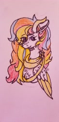 Size: 4032x1960 | Tagged: safe, artist:itsnatcherx, oc, oc:rainbow dreams, pegasus, pony, bust, chest fluff, eye clipping through hair, female, horn, multicolored hair, rainbow hair, ribbon, two toned wings, wings