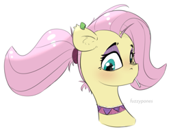 Size: 957x745 | Tagged: safe, artist:fuzzypones, fluttershy, pegasus, pony, g4, alternate hairstyle, blushing, bust, candy, choker, chokershy, ear fluff, ear piercing, eyeshadow, female, food, lollipop, looking at you, makeup, mare, piercing, ponytail, portrait, simple background, solo, stray strand, three quarter view, white background