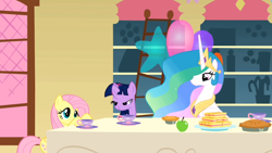 Size: 1920x1080 | Tagged: safe, screencap, fluttershy, princess celestia, twilight sparkle, alicorn, pegasus, pony, unicorn, a bird in the hoof, g4, season 1, animation error, apple, cup, female, food, pie, sandwich, teacup, trio, unicorn twilight