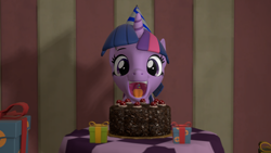 Size: 1280x720 | Tagged: safe, artist:mrm, twilight sparkle, oc, oc:cuteamena, alicorn, earth pony, pony, g4, 3d, birthday cake, black forest cake, cake, drool, drool string, earth pony oc, esophagus, fetish, food, gift art, hat, maw, micro, mouthplay, oral invitation, party hat, portal (valve), present, revored, salivating, slimy, taste buds, the cake is a lie, twilight sparkle (alicorn), twipred, uvula, uvula hug, vore, willing vore