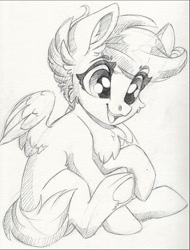 Size: 1280x1687 | Tagged: safe, artist:faline-art, scootaloo, pegasus, pony, g4, cheek fluff, chest fluff, ear fluff, female, filly, grayscale, monochrome, open mouth, pencil drawing, raised hoof, sitting, smiling, solo, spread wings, three quarter view, traditional art, underhoof, wings