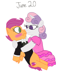 Size: 1280x1612 | Tagged: safe, artist:horroraceman93, scootaloo, sweetie belle, pegasus, pony, unicorn, g4, blushing, clothes, dress, duo, female, lesbian, pride month, ship:scootabelle, shipping, simple background, transparent background, tuxedo, wavy mouth