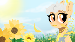 Size: 1820x1024 | Tagged: safe, artist:nootaz, oc, oc only, pony, bust, female, flower, flower petals, grass, mare, outdoors, rainbow, solo, sunflower, three quarter view