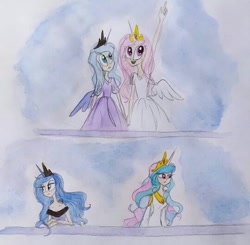 Size: 540x529 | Tagged: safe, artist:lunaart, princess celestia, princess luna, human, g4, alternative cutie mark placement, clothes, dress, duo, female, horn, horned humanization, humanized, looking up, pink hair, pink hair celestia, pink-mane celestia, pointing, royal sisters, shoulder blush, shoulder cutie mark, siblings, sisters, traditional art, turned away, winged humanization, wings, young celestia, young luna, younger
