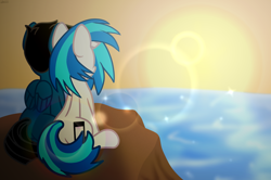 Size: 9964x6600 | Tagged: safe, artist:agkandphotomaker2000, dj pon-3, vinyl scratch, oc, oc:pony video maker, pegasus, pony, unicorn, anthro, g4, afternoon, canon x oc, cliff, female, flank, lens flare, male, ocean, rear view, shipping, show accurate, side by side, sitting, straight, sunset, videoscratch