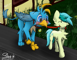 Size: 1037x807 | Tagged: safe, artist:starrypallet, gallus, sandbar, earth pony, griffon, pony, g4, blushing, chest fluff, collar, cute, cutie mark collar, eyes closed, gallabetes, grin, leash, male, mouth hold, pet play, pet tag, sandabetes, smiling, stallion, wings