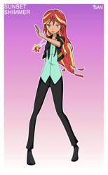 Size: 1920x3120 | Tagged: safe, artist:banquo0, sunset shimmer, human, art pack:my little persona, g4, clothes, female, humanized, jacket, leather jacket, pants, shoes, solo