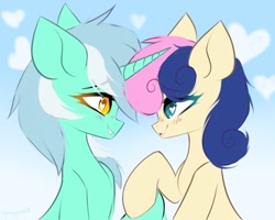 Size: 1500x1200 | Tagged: dead source, safe, artist:mysha, bon bon, lyra heartstrings, sweetie drops, earth pony, pony, unicorn, g4, blushing, cloud, female, heart, heart eyes, holding hooves, lesbian, looking at each other, mare, ship:lyrabon, shipping, smiling, wingding eyes