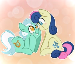 Size: 2048x1751 | Tagged: safe, artist:juulpone, bon bon, lyra heartstrings, sweetie drops, earth pony, pony, unicorn, g4, adorabon, blushing, cute, eye contact, female, grin, heart eyes, lesbian, looking at each other, lying down, lyrabetes, mare, ship:lyrabon, shipping, sitting, smiling, wingding eyes