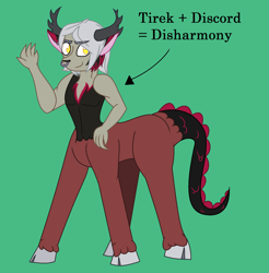 Size: 1852x1880 | Tagged: safe, artist:everythingf4ngirl, oc, oc only, oc:disharmony, hybrid, cloven hooves, green background, interspecies offspring, magical gay spawn, male, nose piercing, nose ring, offspring, parent:discord, parent:lord tirek, parents:tirekcord, piercing, simple background, solo