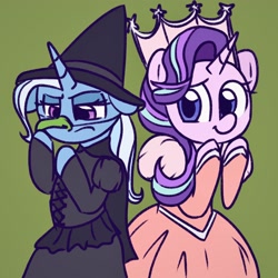 Size: 2048x2048 | Tagged: safe, artist:juulpone, starlight glimmer, trixie, pony, unicorn, g4, annoyed, clothes, costume, crown, cute, diatrixes, dress, duo, female, glimmerbetes, green background, hat, high res, jewelry, mare, regalia, simple background, smiling, the wizard of oz, witch costume, witch hat