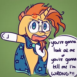 Size: 1966x1966 | Tagged: safe, artist:juulpone, sunburst, pony, unicorn, g4, angry, clothes, cross-popping veins, cute, dialogue, glasses, green background, madorable, male, pointing, robe, simple background, solo, speech bubble, stallion, sunbetes, sunburst's cloak, sunburst's glasses