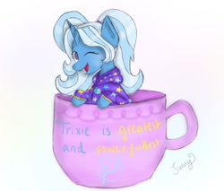 Size: 1024x874 | Tagged: safe, artist:sunnyroop23, trixie, pony, unicorn, alternate hairstyle, babysitter trixie, clothes, cup, cup of pony, cute, diatrixes, female, gameloft, gameloft interpretation, hoodie, mare, micro, one eye closed, open mouth, pigtails, simple background, smiling, solo, teacup, that pony sure does love teacups, white background, wink
