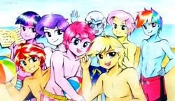 Size: 4007x2322 | Tagged: safe, artist:liaaqila, applejack, fluttershy, pinkie pie, rainbow dash, rarity, sci-twi, sunset shimmer, trixie, twilight sparkle, equestria girls, g4, applejack (male), beach, belly button, bubble berry, butterscotch, clothes, commission, dusk shine, elusive, equestria guys, humane five, humane seven, humane six, male, partial nudity, rainbow blitz, rule 63, sci-dusk, shorts, smiling, sunset glare, topless, traditional art, tristan, waving