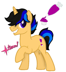 Size: 600x655 | Tagged: safe, artist:pony spark team, oc, oc only, pony, unicorn, cupcake, cutie mark, food, looking at you, male, simple background, smiling, solo, standing, white background