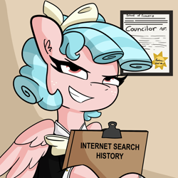 Size: 2250x2250 | Tagged: safe, artist:tjpones, cozy glow, pegasus, pony, g4, clipboard, female, freckles, grin, high res, internet history, mare, older, older cozy glow, pure concentrated unfiltered evil of the utmost potency, pure unfiltered evil, school of friendship, smiling, solo, uh oh