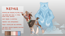 Size: 1920x1080 | Tagged: safe, artist:skuld3, oc, oc only, oc:matoka, bear, earth pony, pony, clothes, ear piercing, earring, feather, female, jewelry, mare, markings, native american, necklace, piercing, reference sheet, robe, solo, spirit, spirit animal, tattoo, text, tooth, tribal