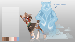Size: 1920x1080 | Tagged: safe, alternate version, artist:skuld3, oc, oc only, oc:matoka, bear, earth pony, pony, clothes, ear piercing, earring, feather, female, jewelry, mare, markings, native american, necklace, piercing, reference sheet, robe, solo, spirit, spirit animal, tattoo, tooth, tribal