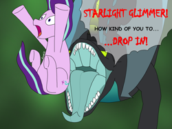 Size: 1786x1333 | Tagged: safe, artist:dzamie, queen chrysalis, starlight glimmer, changeling, dragon, pony, unicorn, g4, abstract background, abuse, colored, digital art, disguise, disguised changeling, falling, glimmer prey, glimmerbuse, imminent vore, mawshot, newbie artist training grounds, open mouth, revenge, starlight vs chrysalis, ultimate chrysalis, unwilling, unwilling prey