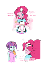 Size: 1000x1638 | Tagged: safe, artist:twilite-sparkleplz, pinkie pie, sunny flare, coinky-dink world, equestria girls, g4, my little pony equestria girls: summertime shorts, clothes, comic, cute, dialogue, diapinkes, drinking, duo, duo female, female, hat, server pinkie pie, slushie, smiling, starry eyes, wingding eyes