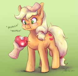 Size: 1955x1915 | Tagged: safe, artist:buttersprinkle, applejack, earth pony, human, pony, g4, apple, blushing, cute, disembodied hand, eating, female, food, hand, herbivore, horses doing horse things, human on pony petting, jackabetes, munching, offscreen character, offscreen human, petting, simple background, that pony sure does love apples