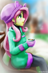 Size: 1200x1800 | Tagged: safe, artist:sholechbrony, fluttershy, equestria girls, equestria girls specials, g4, my little pony equestria girls: better together, my little pony equestria girls: holidays unwrapped, bench, chocolate, clothes, female, food, sitting, solo, winter outfit