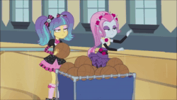 Size: 1280x720 | Tagged: safe, edit, edited screencap, editor:someguy845, screencap, sound edit, pixel pizazz, violet blurr, wiz kid, equestria girls, g4, photo finished, 80s, animated, basket, basketball, basketball net, bored, canterlot high, female, gym, male, music, pigtails, sound, sports, twintails, webm