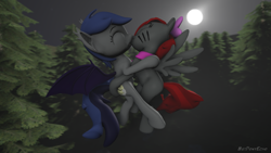 Size: 1280x720 | Tagged: safe, alternate version, artist:batponyecho, oc, oc only, oc:bwae, oc:echo, bat pony, pegasus, pony, 3d, bat pony oc, bat wings, commission, cutie mark, eyes closed, female, flying, forest, kissing, lesbian, mare, moon, night, oc x oc, shipping, source filmmaker, spread wings, tail, tree, wings, ych result