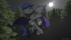 Size: 1280x720 | Tagged: safe, alternate version, artist:batponyecho, oc, oc only, oc:echo, oc:midnight blossom, bat pony, pony, 3d, bat pony oc, bat wings, commission, cutie mark, eyes closed, female, flying, forest, kissing, lesbian, mare, moon, night, oc x oc, shipping, source filmmaker, spread wings, tail, tree, wings, ych result